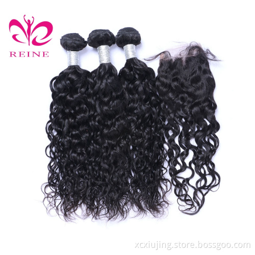 REINE wholesale brazilian virgin hair water wave 4 bundle with closure, 5pc brazilian hair weave closure on sale